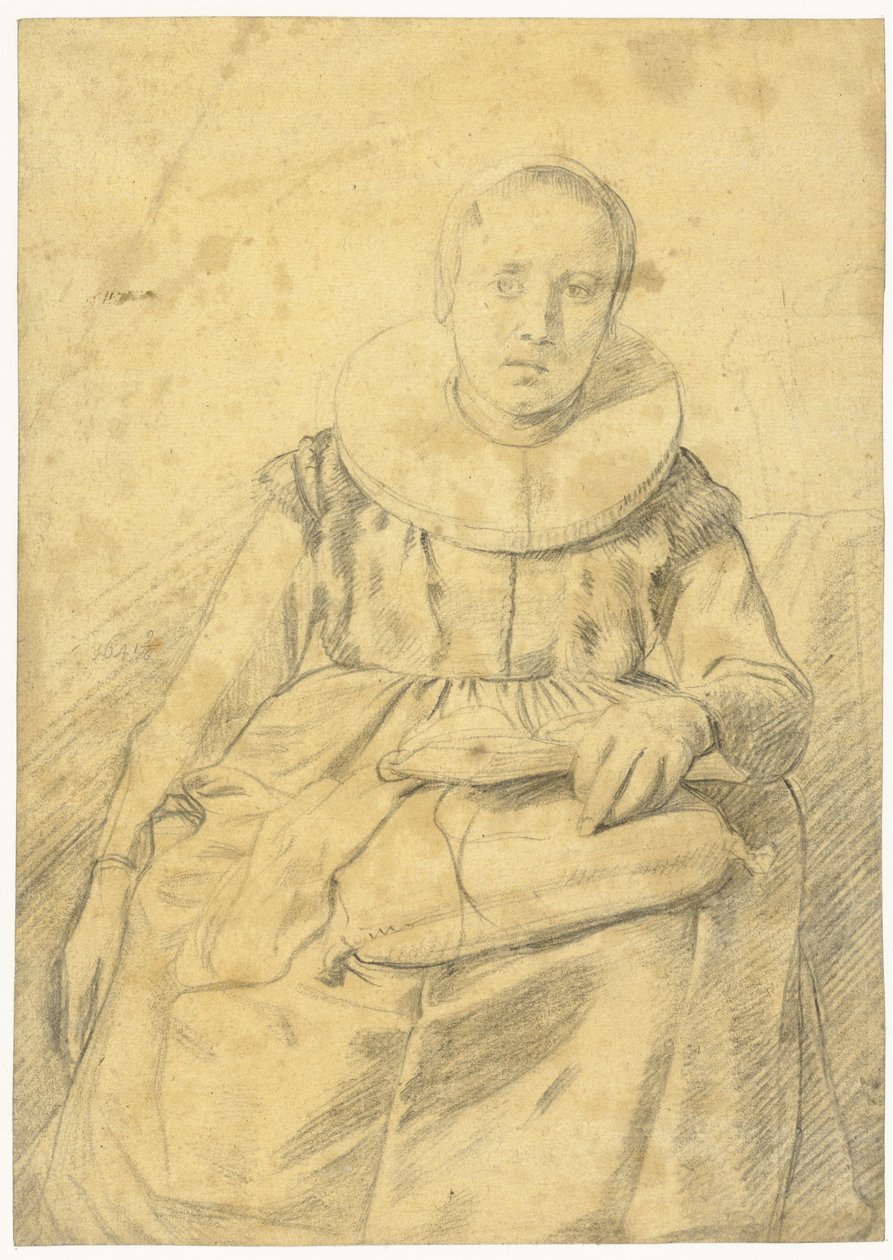 Portret van een zittende vrouw met een stijve plooikraag door Salomon de Bray