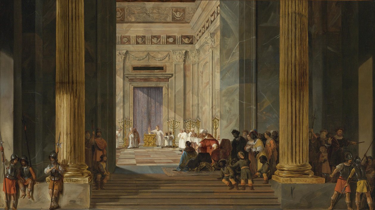 De koningin van Sheba voor de tempel van koning Salomo in Jeruzalem, ca. 1630-1634 door Salomon de Bray