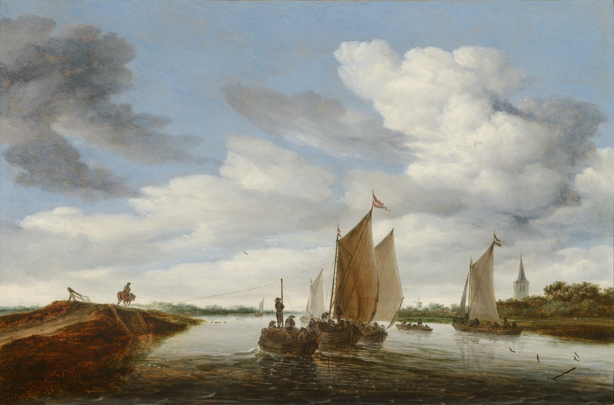 Rivierlandschap met zeilboten en een door paarden getrokken aak door Salomon van Ruysdael