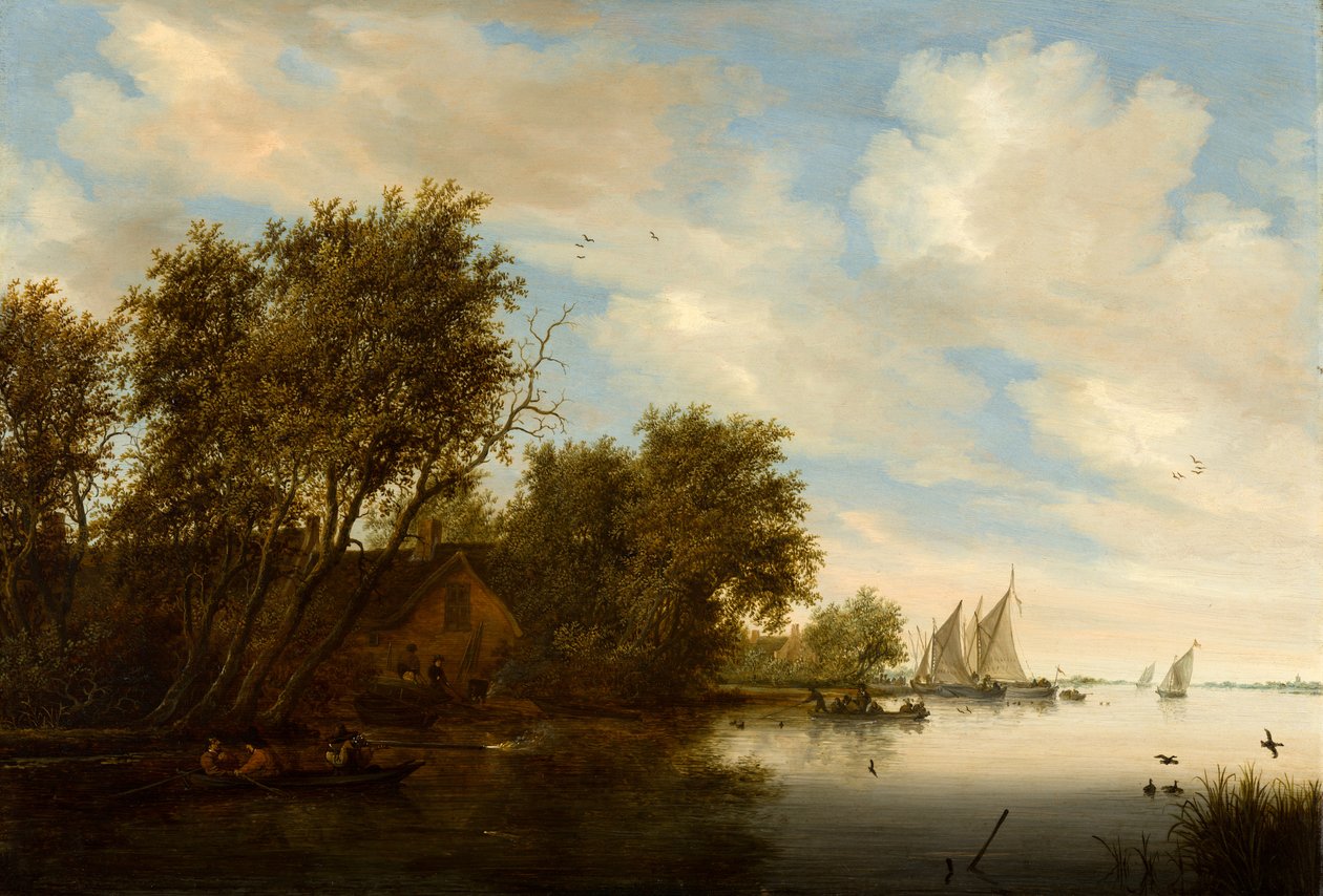 Rivierlandschap met een man die op eenden jaagt door Salomon van Ruysdael