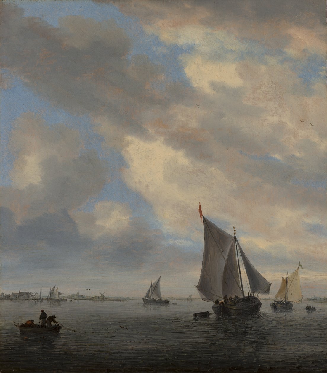 Uitzicht op een meer met zeilschepen door Salomon van Ruysdael
