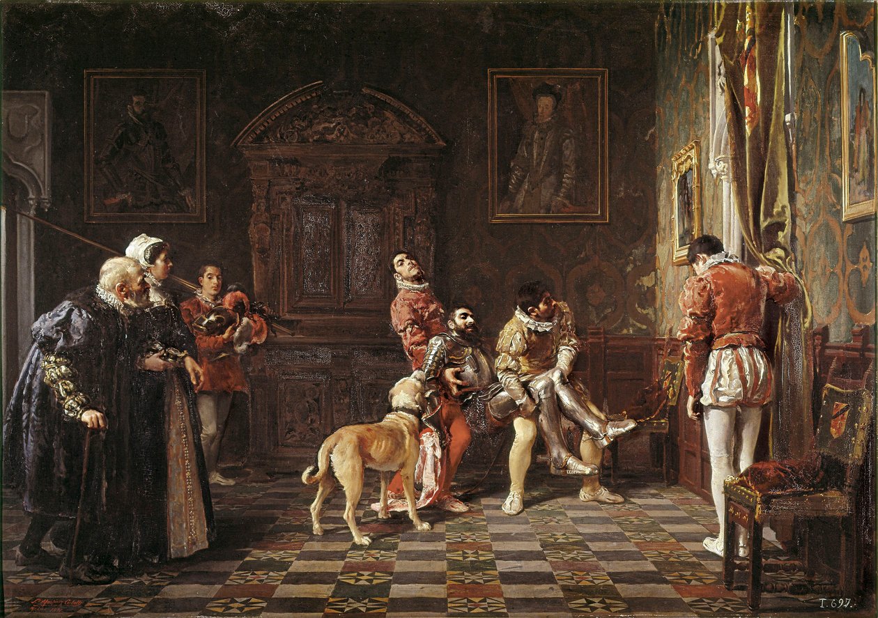 "Terugkeer van het toernooi" Een jonge ridder gewond wordt teruggebracht naar het paleis, ondersteund door twee pages. Schilderij door Salvador Martinez Cubells (1845-1914) 1881 Valencia. Museum van Bellas Artes San Pio door Salvador Martinez Cubells