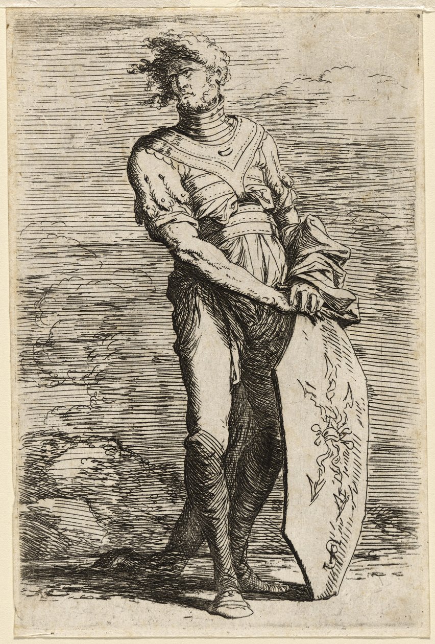 Een staande krijger met een langwerpig achthoekig schild door Salvator Rosa