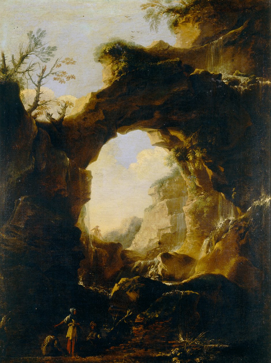 Landschap met boog en watervallen door Salvator Rosa
