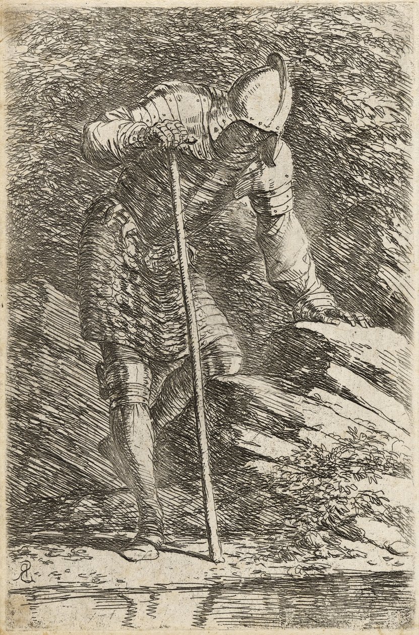 Soldaat in helm en harnas die naar een stroom kijkt door Salvator Rosa