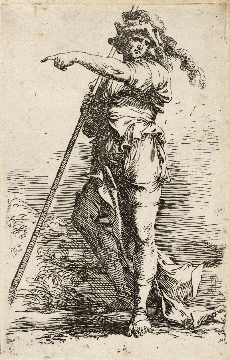 Staande krijger, met een lange staf over zijn schouder door Salvator Rosa