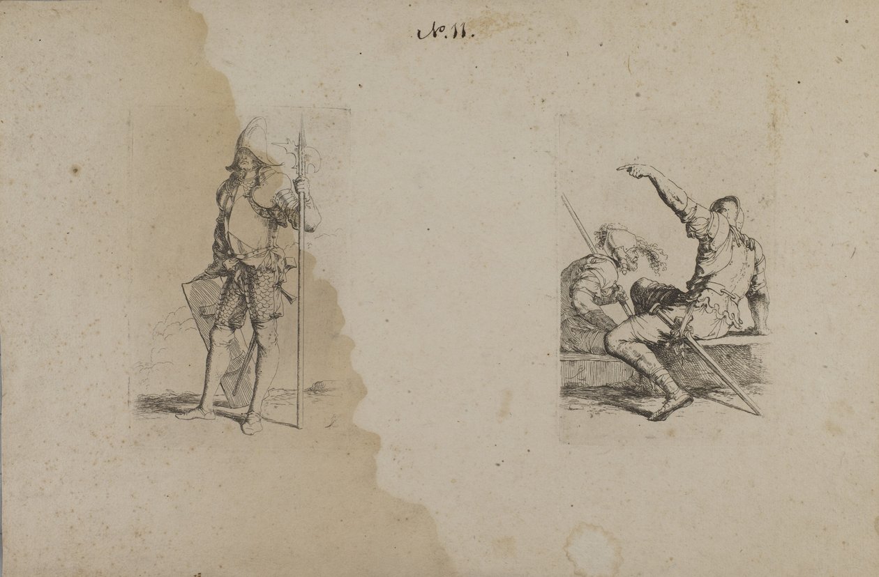 (Beeldjesreeks) Man met helm en sierlijke speer/Ax door Salvator Rosa