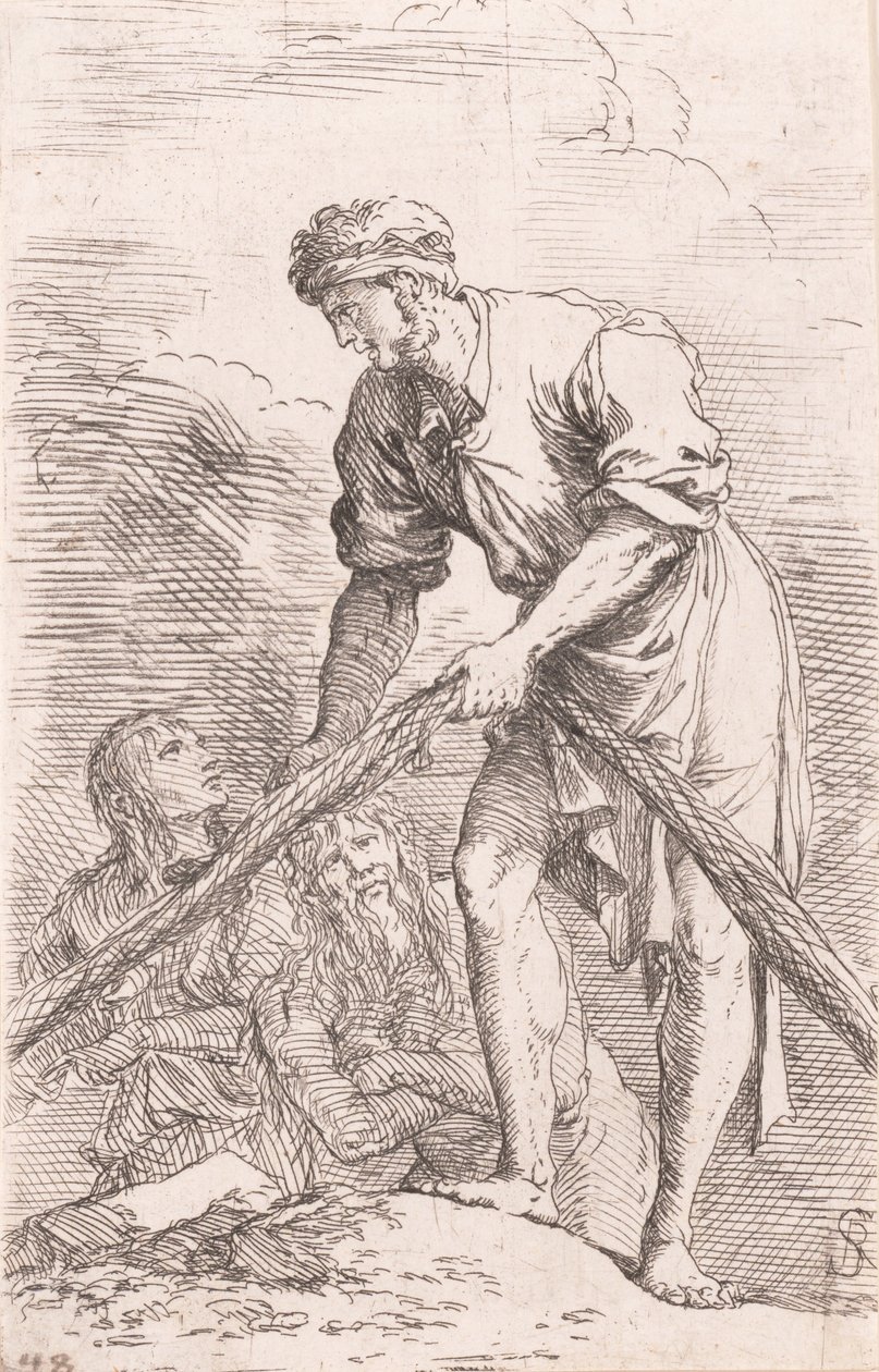 Een man die een net trekt met twee figuren achter hem, uit de serie 