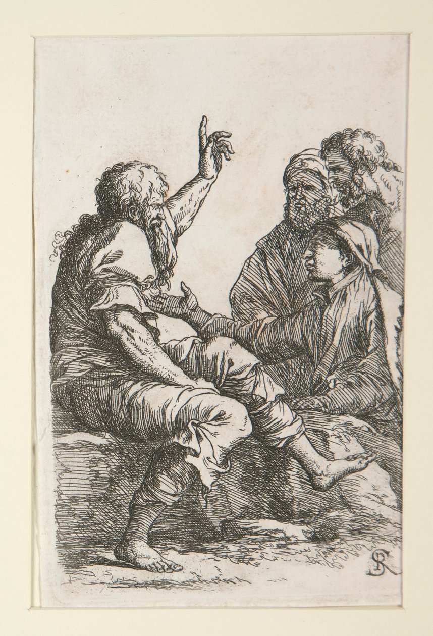 Een oude man praat met drie mannen door Salvator Rosa