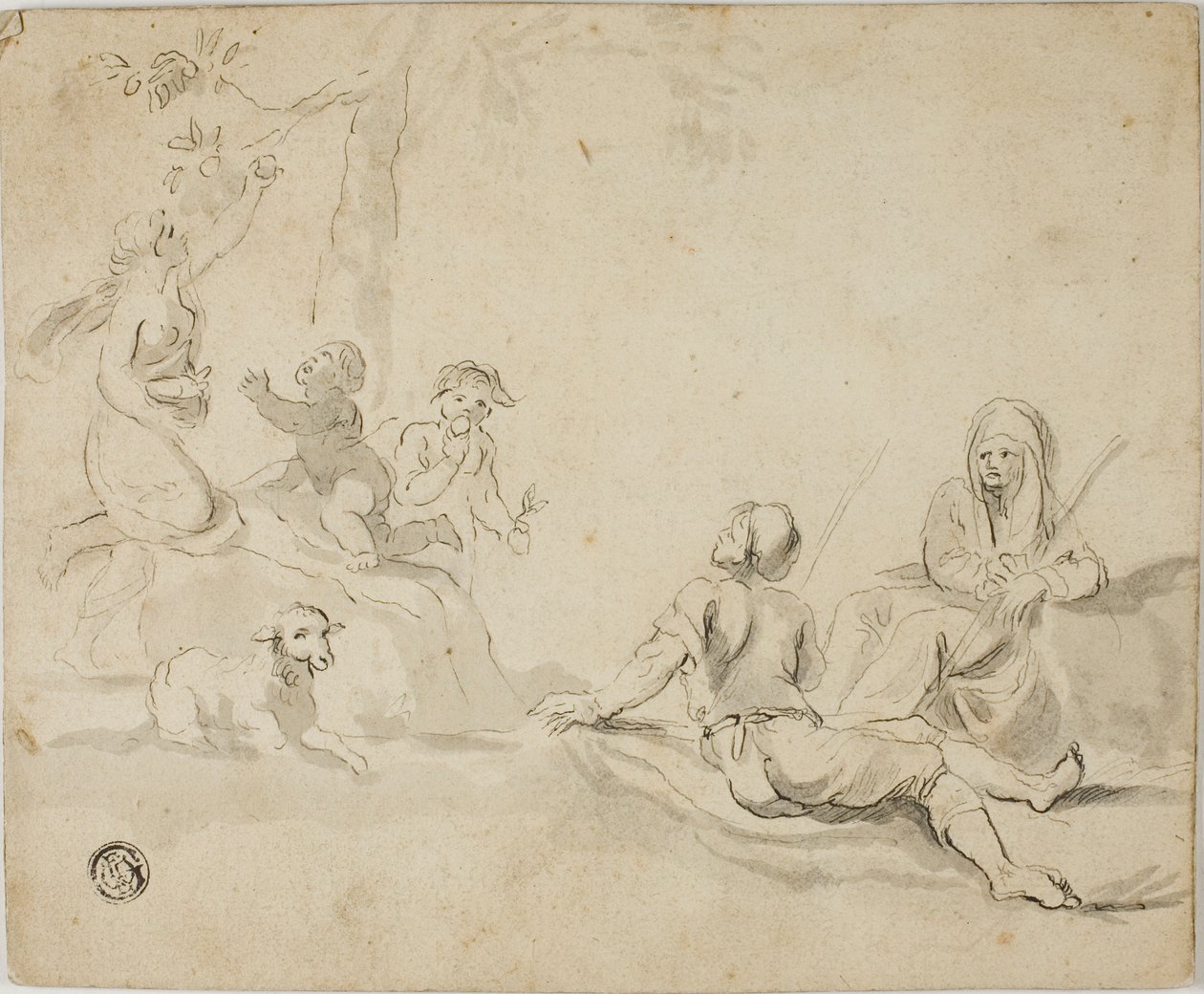 Appeloogsters en rustende herders door Salvator Rosa