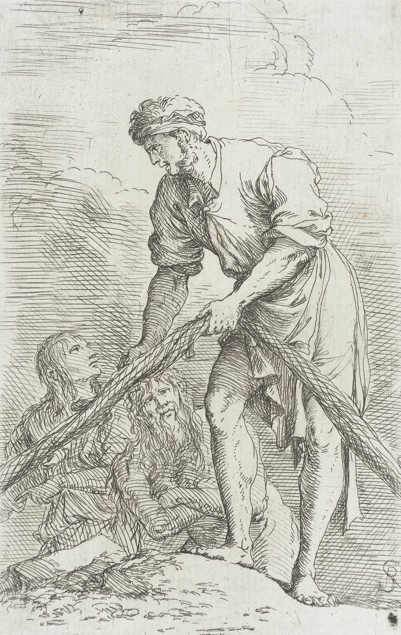 Beeldje: Een man die een net voorttrekt door Salvator Rosa