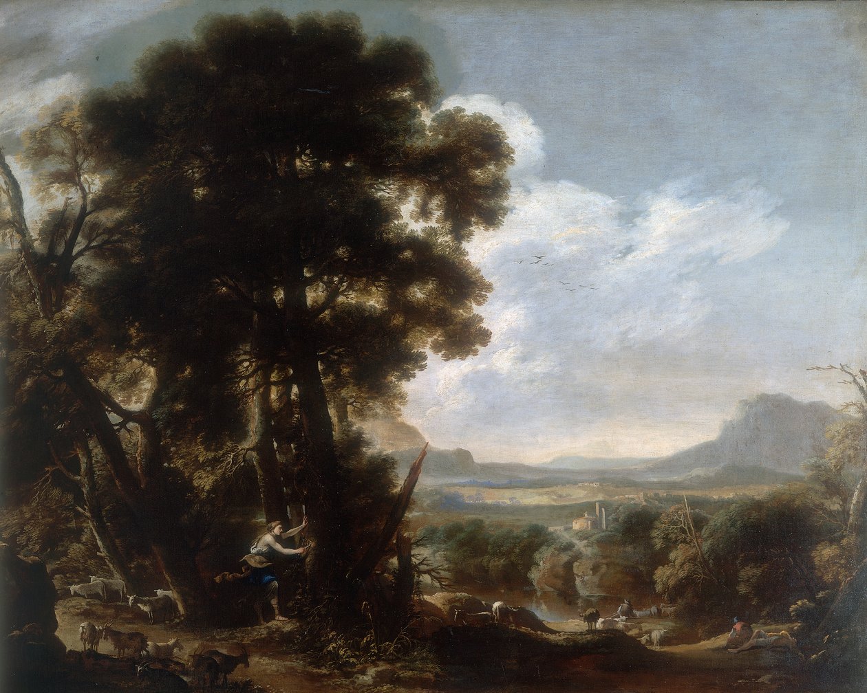Hermina kerft de naam Tancredi in een boom, werk van Salvatore Rosa, bewaard in de Galleria Estense in Modena door Salvator Rosa