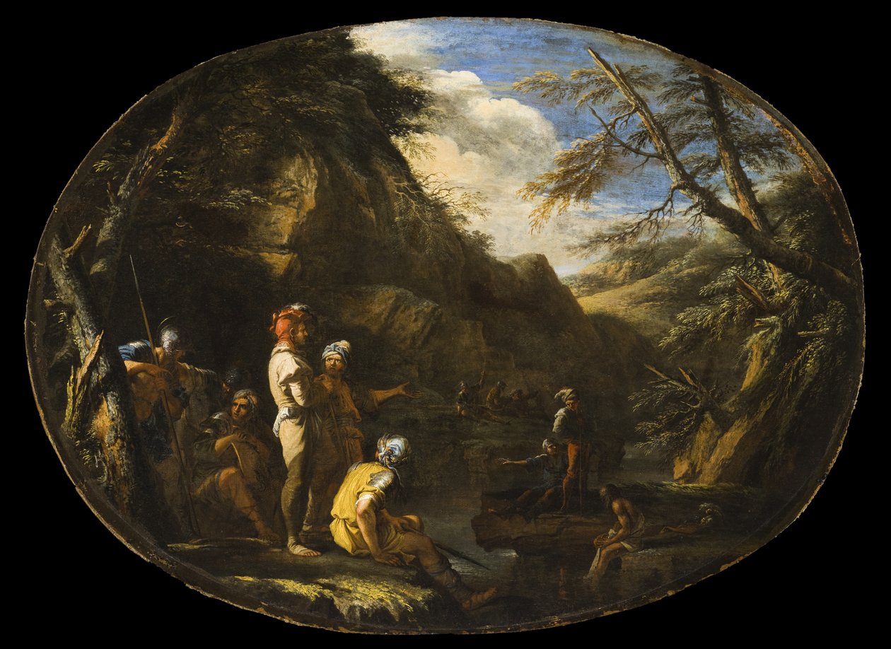 Landschap met gewapende mannen door Salvator Rosa
