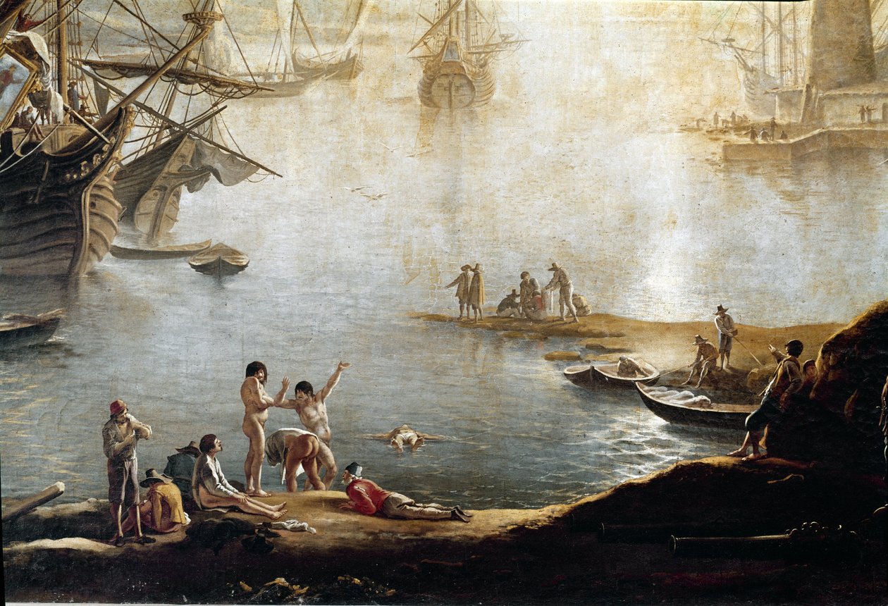 Havengezicht (detail) door Salvator Rosa
