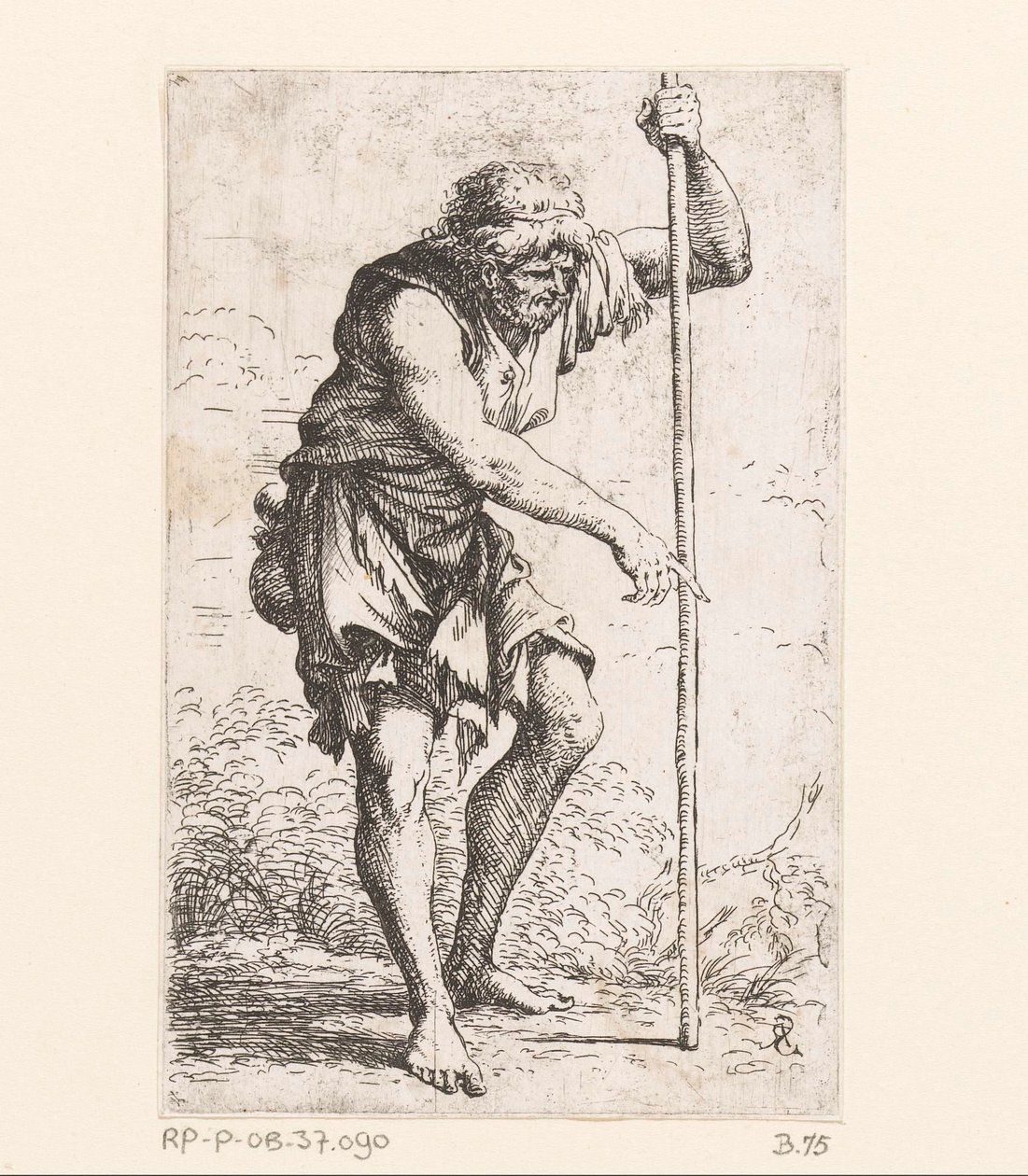 Oude man met een stok door Salvator Rosa