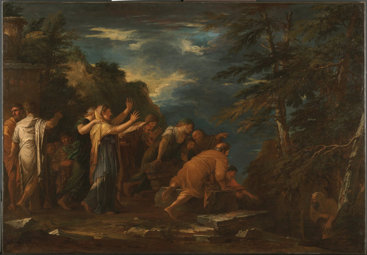 Pythagoras die uit de onderwereld tevoorschijn komt door Salvator Rosa