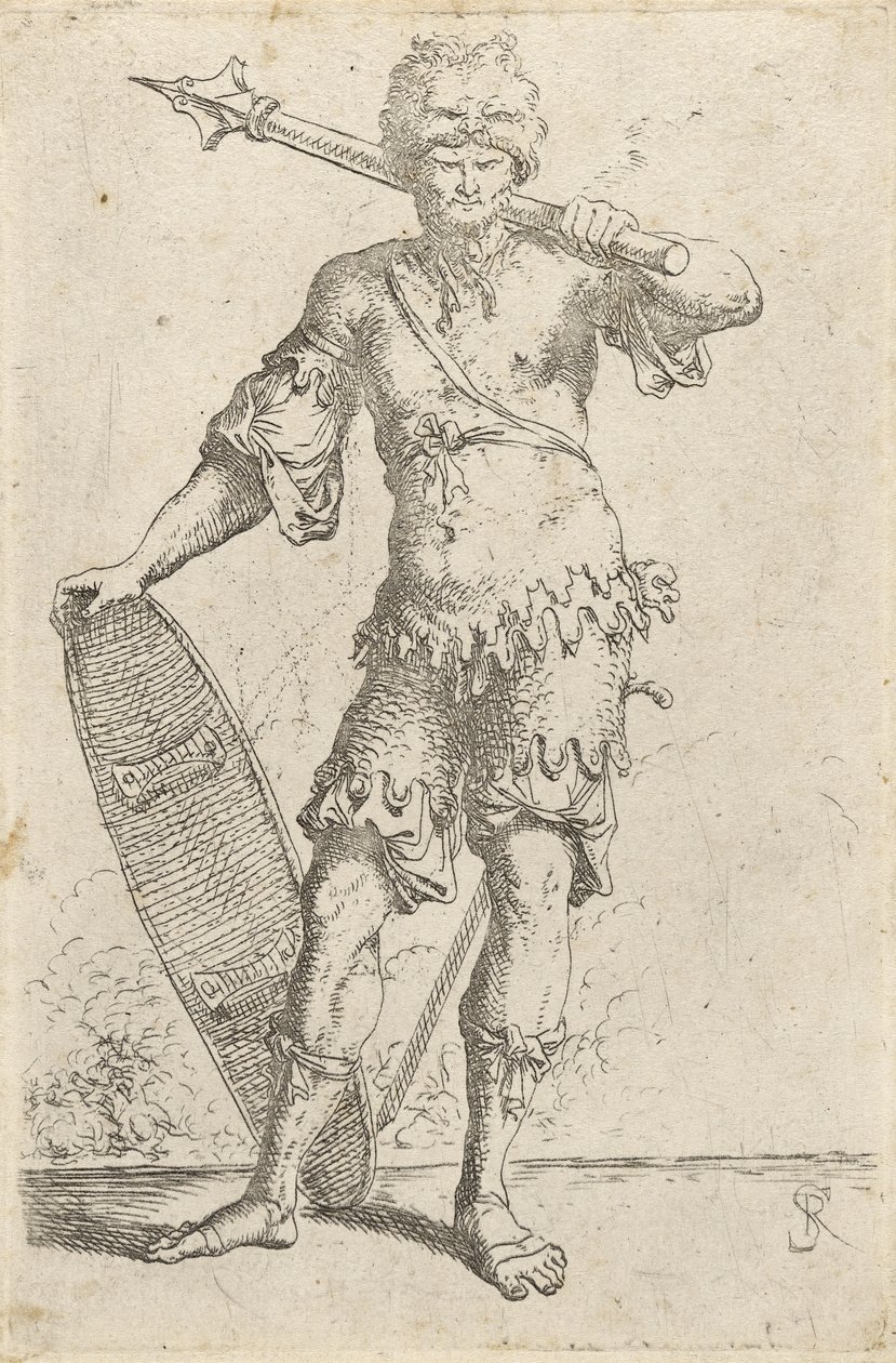 Staande exotische krijger met leeuwenkopmuts, met knots en schild, ca. 1656-57 door Salvator Rosa