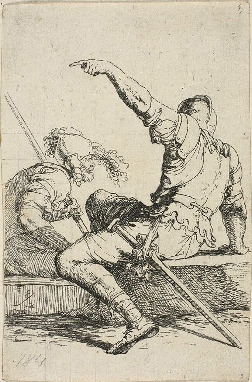 Twee Krijgers Zittend op Lage Rotsen door Salvator Rosa