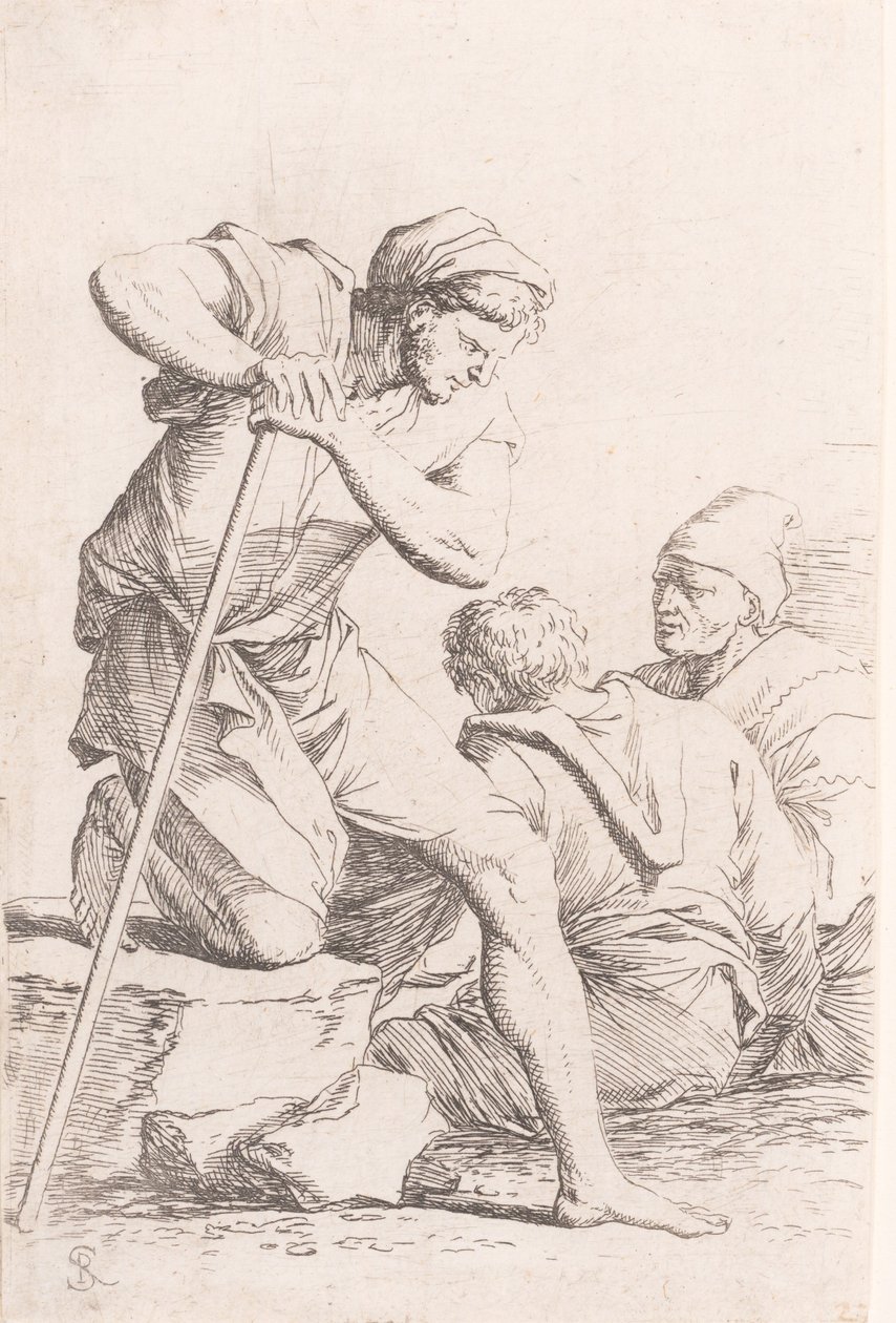 Twee mannen zittend en een andere man met een staf knielend op een rots, uit de serie, ca. 1656-1657 door Salvator Rosa