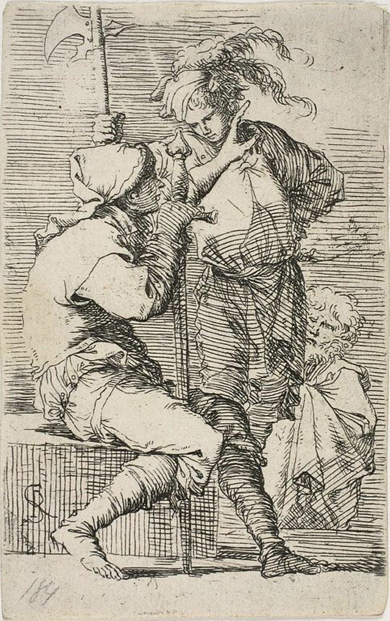 Twee krijgers, een met een zwaard, de ander met een hellebaard; een oude bebaarde man achter hen, uit Figurine door Salvator Rosa