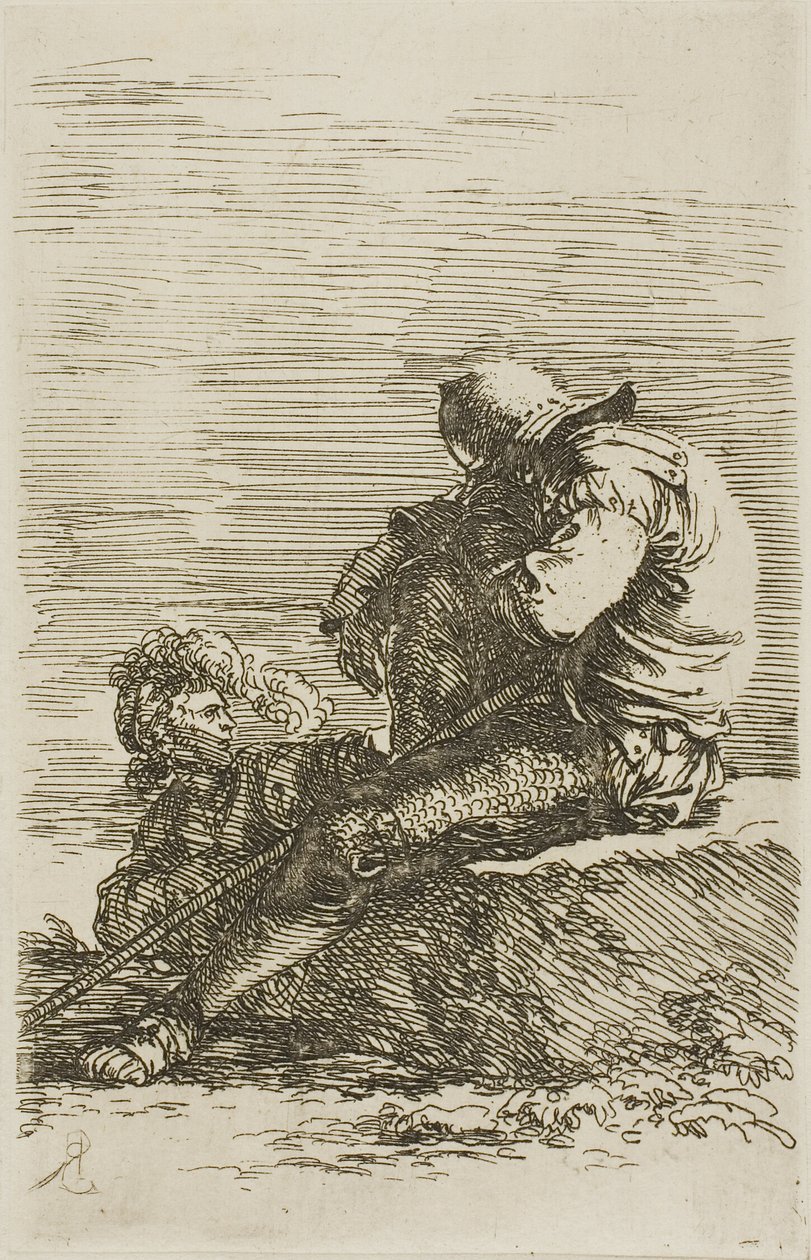 Twee krijgers, één zittend in slaap op een rots op de voorgrond, uit de Figurineserie door Salvator Rosa