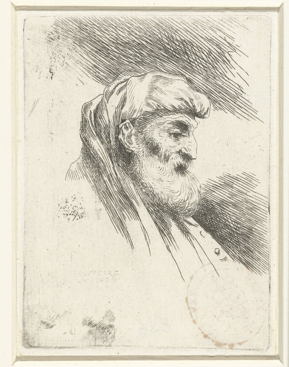 Hoofd van een oude man met baard (Kleine studie van hoofden met oosterse hoofddeksels) door Salvatore Castiglione (signed by artist)