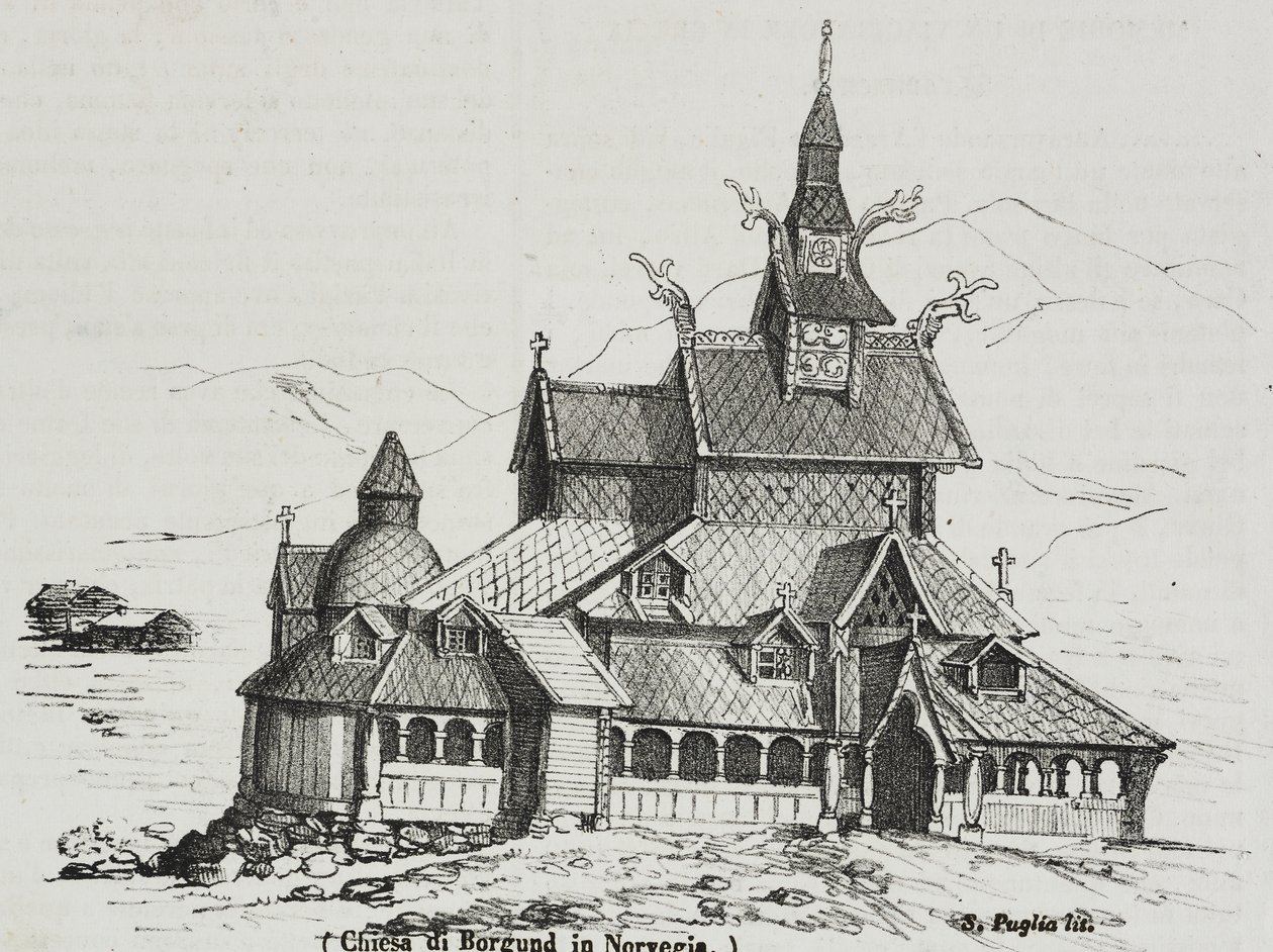 Borgund staafkerk, Noorwegen, lithografie door Salvatore Puglia uit Poliorama Pittoresco, nr. 40, 14 mei door Salvatore Puglia
