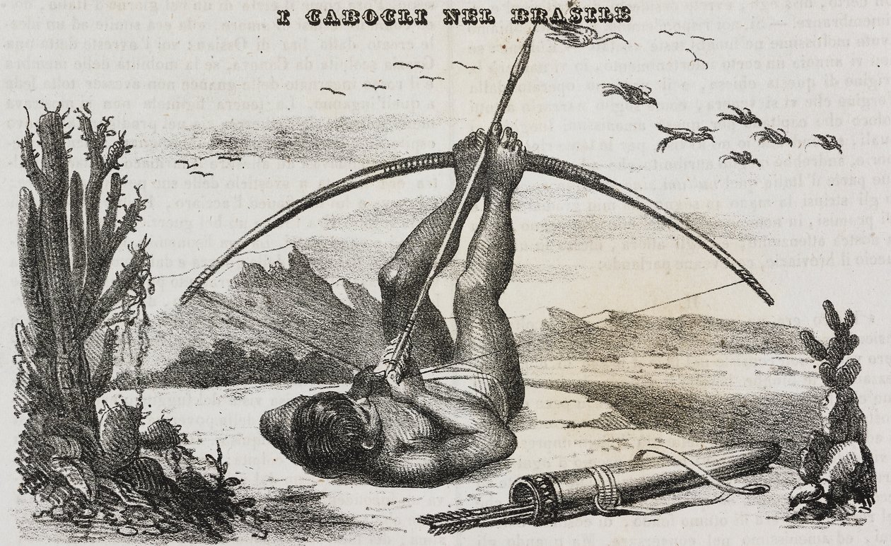 Caboclo man met bogen en pijlen, Brazilië. Lithografie door Salvatore Puglia uit Poliorama Pittoresco door Salvatore Puglia