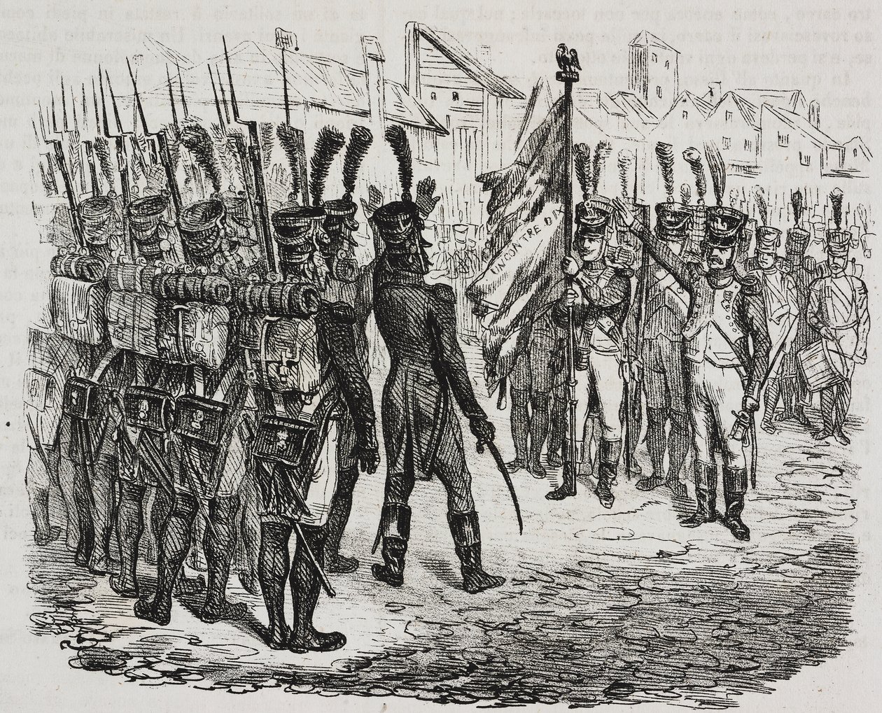 Vlag van het 84e regiment, lithografie door Salvatore Puglia uit Geschiedenis van Napoleon door Cesare Malpica, uit Poliorama Pittoresco, nr. 16, 25 november door Salvatore Puglia