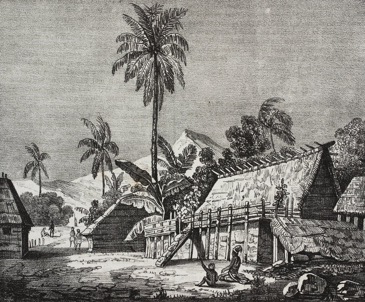 Huis van de koningin van Noukahiva-eiland, Marquesas-eilanden, Frans-Polynesië, lithografie door Salvatore Puglia uit Poliorama Pittoresco, nr. 37, 22 april door Salvatore Puglia