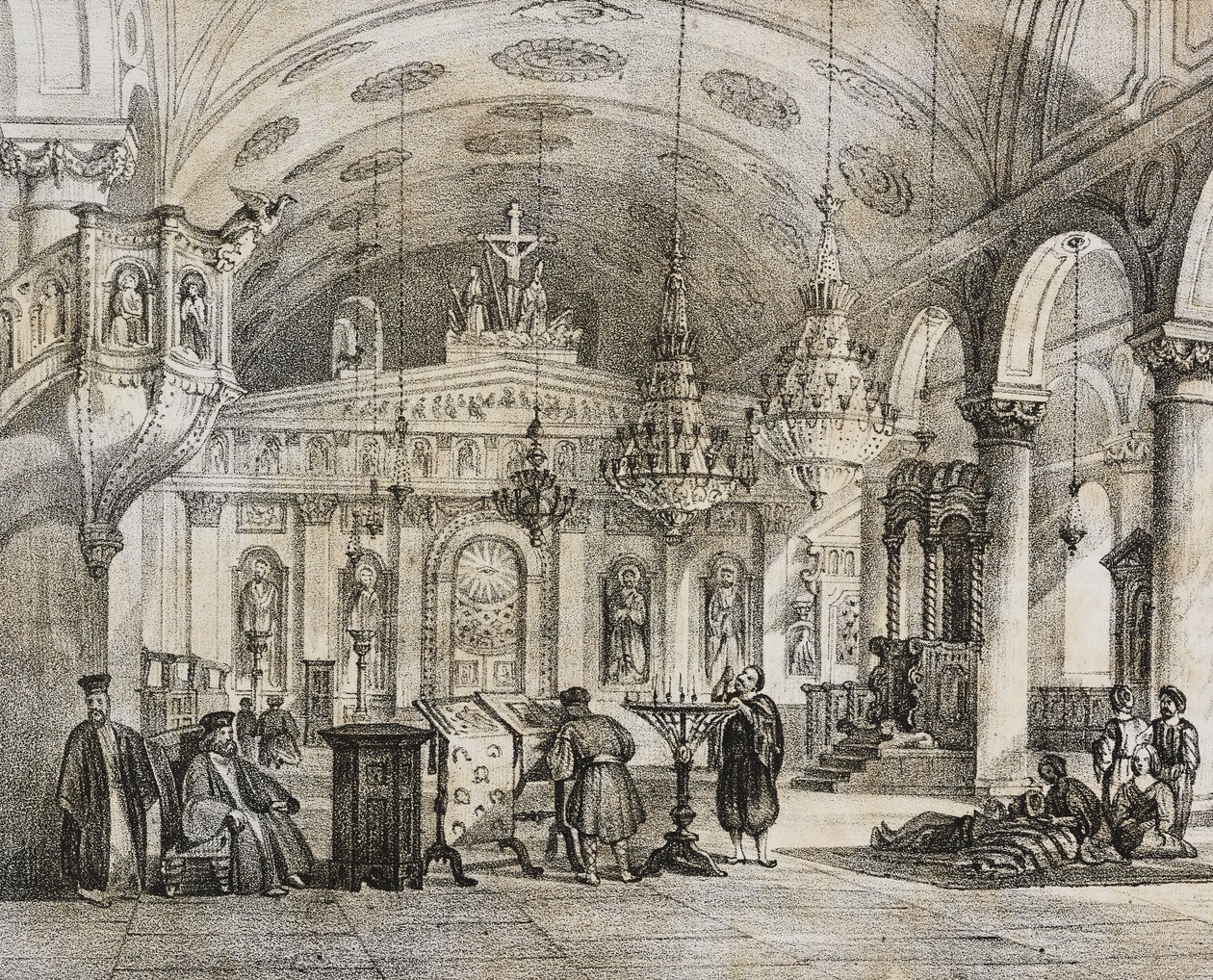 Interieur van de Griekse kerk van Baloukli, nabij Constantinopel, Turkije, lithografie door Salvatore Puglia uit Poliorama Pittoresco, nr. 28, 15 februari door Salvatore Puglia