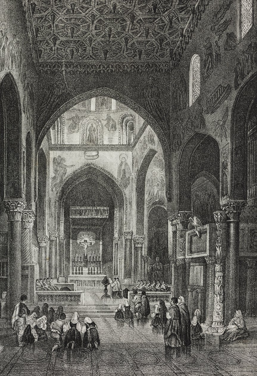 Interieur van de Palatijnse Kapel in Palazzo dei Normanni of Koninklijk Paleis in Palermo, Sicilië, Italië, lithografie door Salvatore Puglia uit Poliorama Pittoresco, nr. 41, 21 mei door Salvatore Puglia