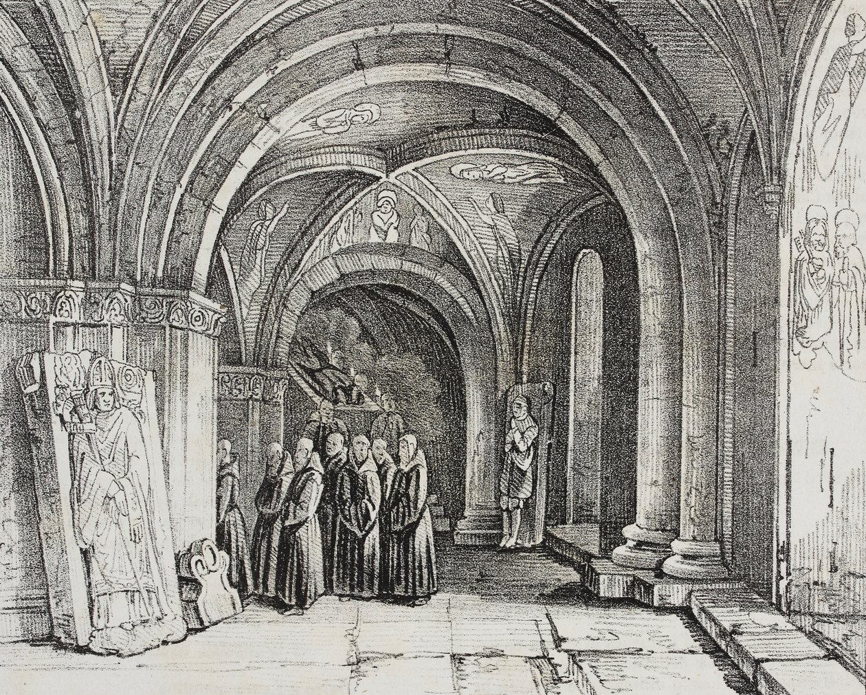 Ondergrondse kerk van de kathedraal van Basel, Zwitserland, lithografie uit Poliorama Pittoresco, nr. 50, 22 juli door Salvatore Puglia