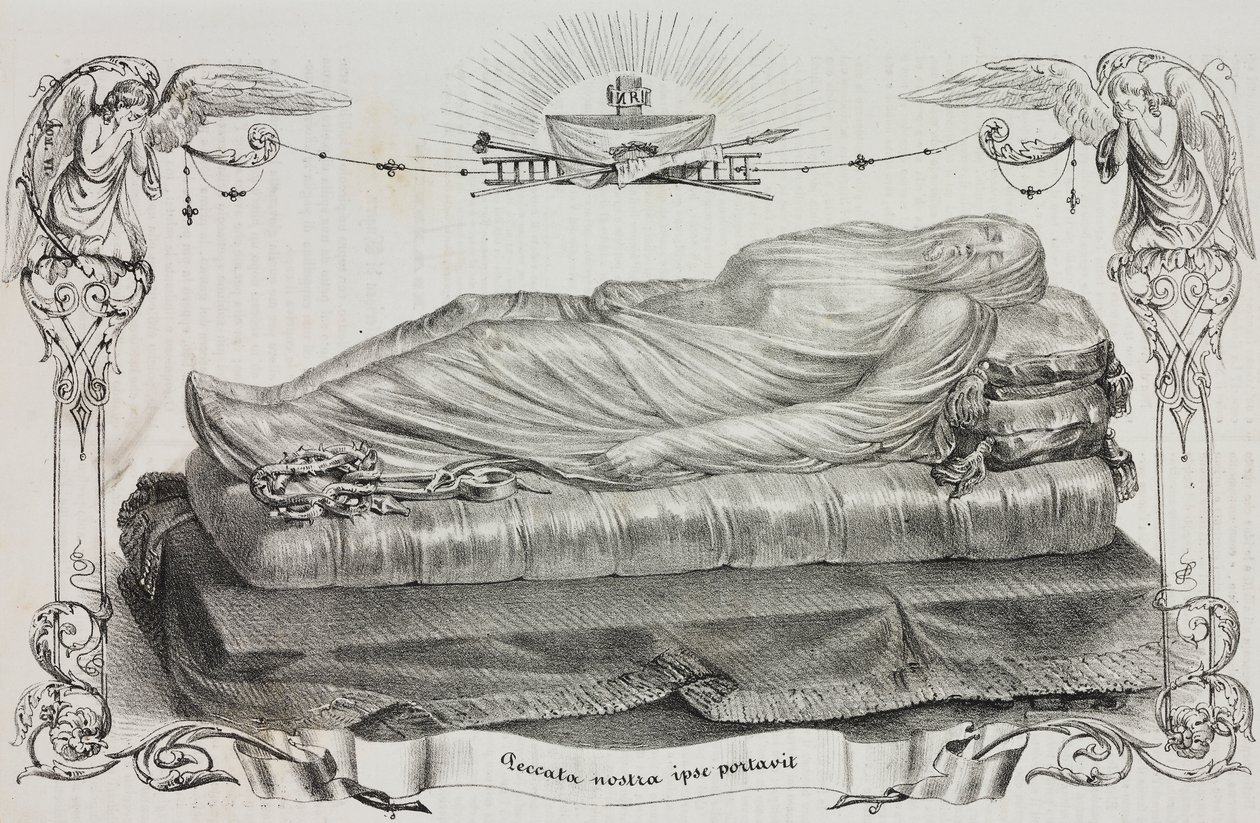 Gesluierde Christus door Giuseppe Sanmartino (circa 1720-1793), Cappella Sansevero, Napels, Campania, Italië, lithografie door Salvatore Puglia uit Poliorama Pittoresco, nr. 33, 26 maart door Salvatore Puglia