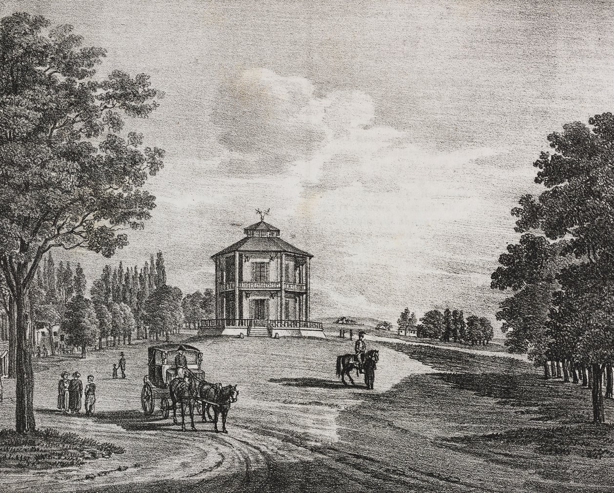 Wiener Prater, Oostenrijk. Lithografie door Salvatore Puglia uit Poliorama Pittoresco door Salvatore Puglia