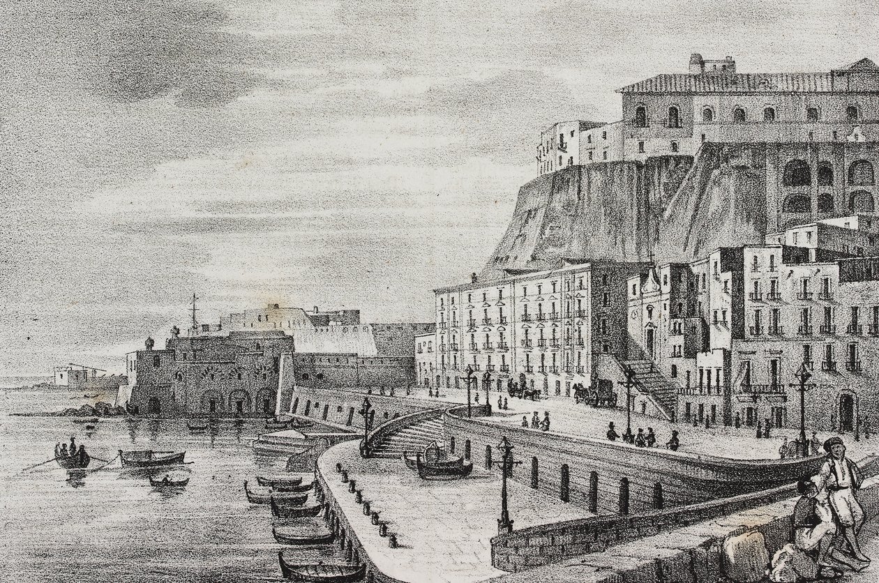 Uitzicht op Borgo Santa Lucia, Napels, Campania, Italië, lithografie door Salvatore Puglia uit Poliorama Pittoresco, nr. 36, 15 april door Salvatore Puglia