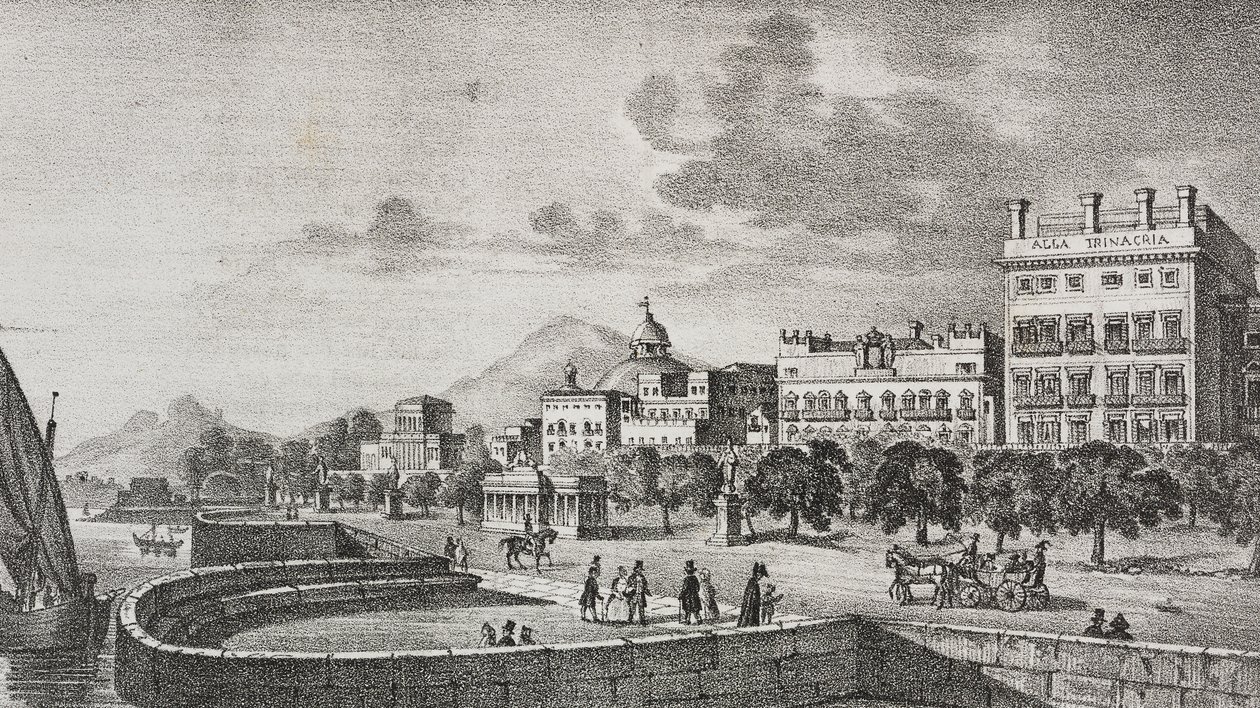 Uitzicht op Bourbon forum en Trinacria hotel, Palermo, Sicilië, Italië, lithografie door Salvatore Puglia naar gravure door Di Giovanni uit Poliorama Pittoresco, nr. 37, 19 april door Salvatore Puglia