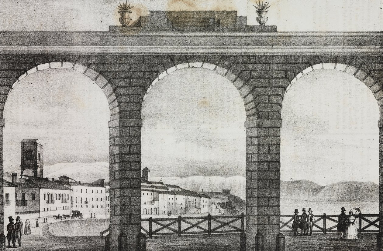 Uitzicht op Chieti vanaf Piazza Grande, Italië, lithografie door Salvatore Puglia uit Poliorama Pittoresco, nr. 2, 21 augustus door Salvatore Puglia