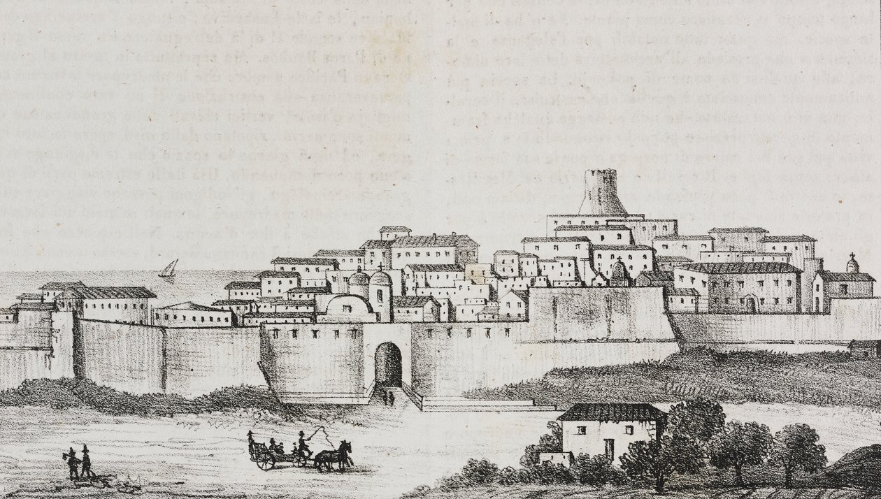 Zicht op Crotone, Calabrië, Italië. Lithografie door Salvatore Puglia uit Poliorama Pittoresco door Salvatore Puglia