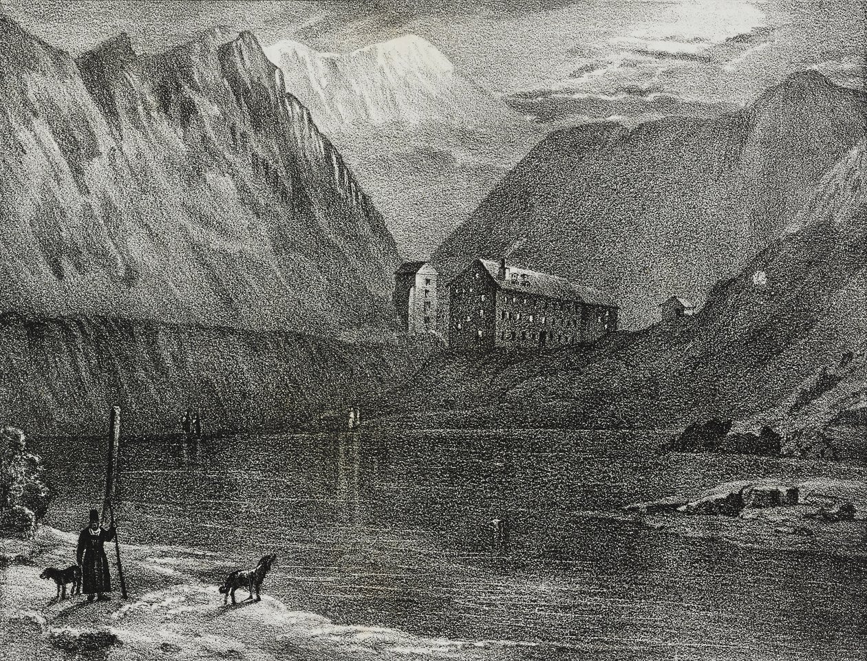 Uitzicht op het hospice van de Grote Sint-Bernard vanaf het meer, grens Italië-Zwitserland, lithografie door Salvatore Puglia uit Poliorama Pittoresco, nr. 9, 9 oktober door Salvatore Puglia