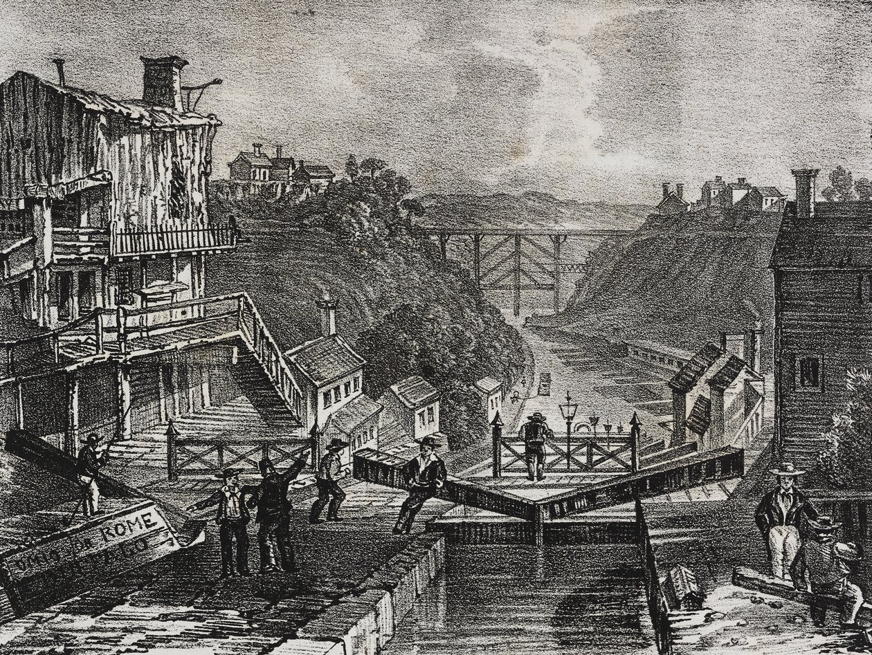 Uitzicht op Lockport, in de staat New York, Verenigde Staten van Amerika, lithografie uit Poliorama Pittoresco, nr. 1, 10 augustus door Salvatore Puglia