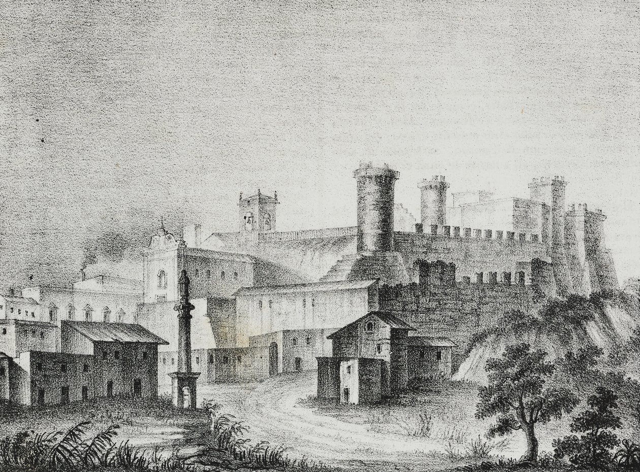 Uitzicht op Oria, Apulië, Italië, lithografie door Salvatore Puglia uit Poliorama Pittoresco, nr. 13, 6 november door Salvatore Puglia