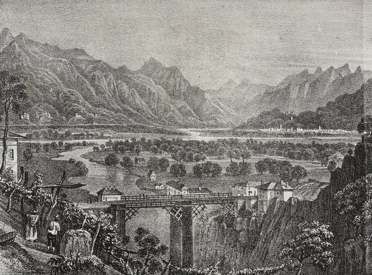 Uitzicht op de Ossola-vallei vanaf Sempione, Piëmont, Italië, lithografie door Salvatore Puglia uit Poliorama Pittoresco, nr. 28, 18 februari door Salvatore Puglia