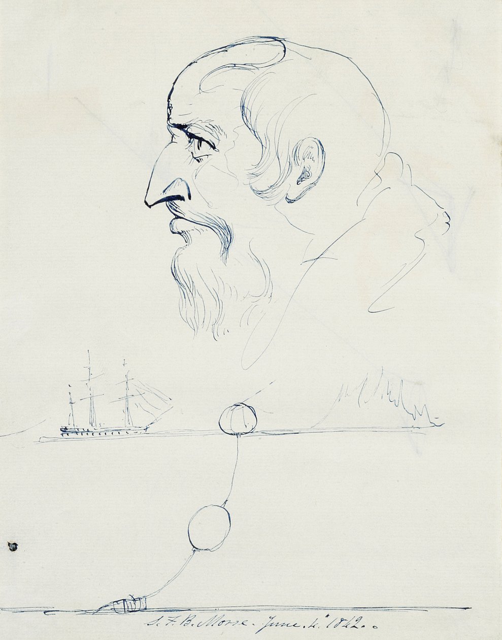 Profiel van een bebaarde man en ontwerp voor de Atlantische Kabel, 1842 door Samuel Finley Breese Morse