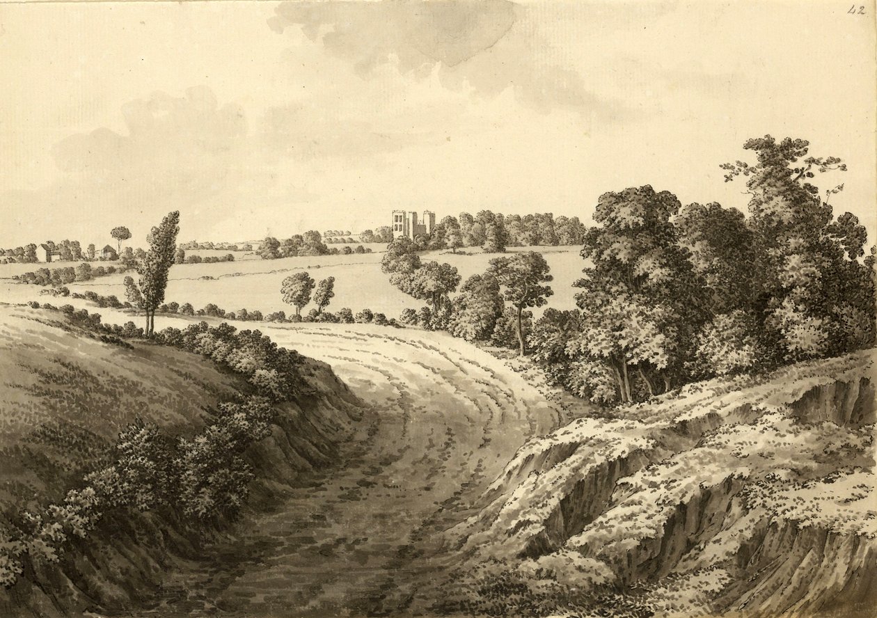 Hardwick Hall vanaf Thakley Lane in Derbyshire door Samuel Hieronymous Grimm