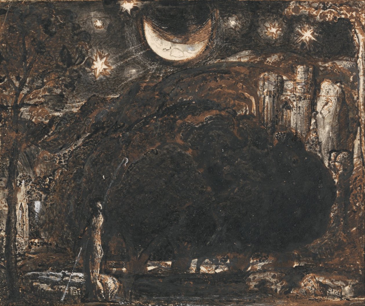 Een Herder en zijn Kudde onder de Maan en Sterren door Samuel Palmer