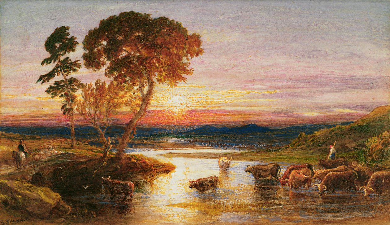 Op weg naar de kudde, zonsondergang, 1879 door Samuel Palmer