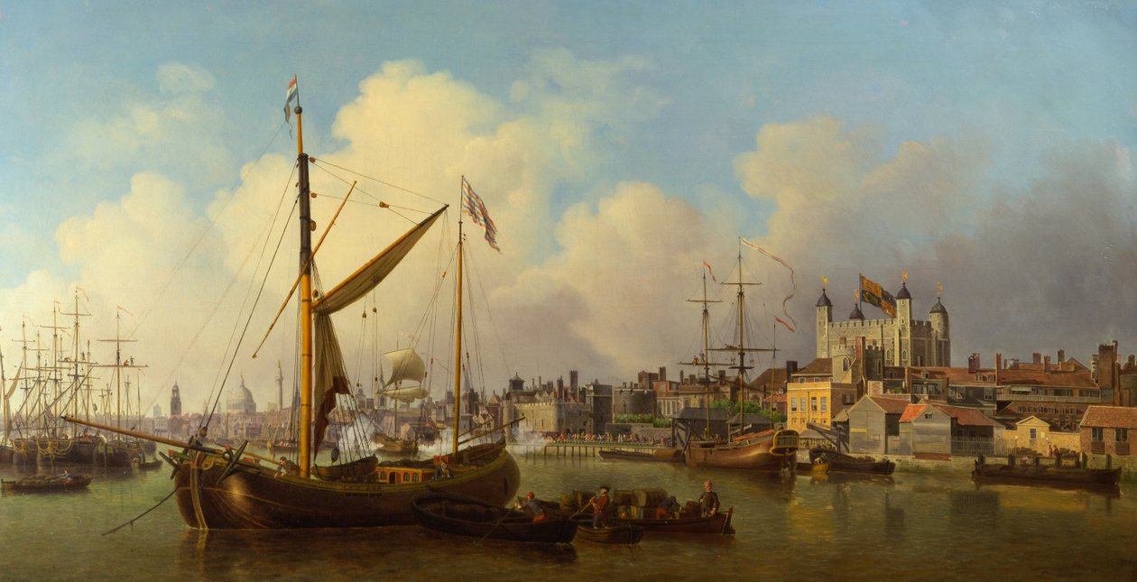 De Theems en de Tower of London vermoedelijk op de verjaardag van de koning door Samuel Scott