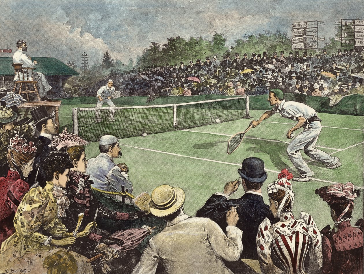 Het Lawn Tennis Kampioenschap op Wimbledon 1891, de heren W Baddeley en J Pim strijdend voor de Finale (ingekleurde gravure) door Samuel (after) Begg
