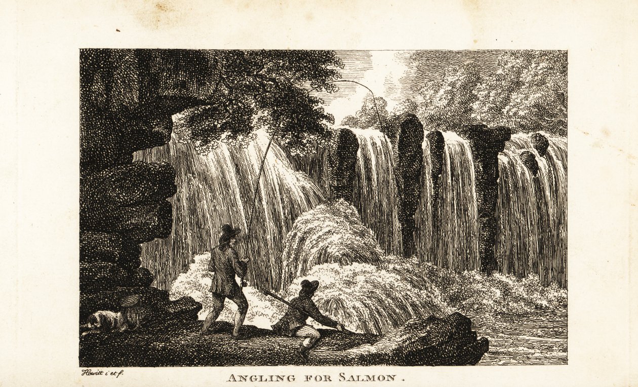 Visser die op zalm vist aan de oevers van een rivier nabij een waterval door Samuel (after) Howitt